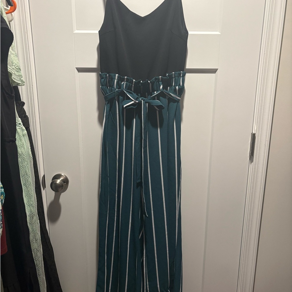 Striped Paperbag Waist Jumpsuit - Teal & Black